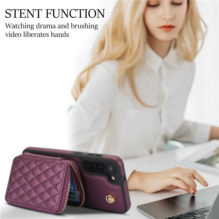 For Samsung Galaxy S23+ 5G AwQuer Crossbody Zipper Wallet Rhombic Leather Back Phone Case(Dark Purple)