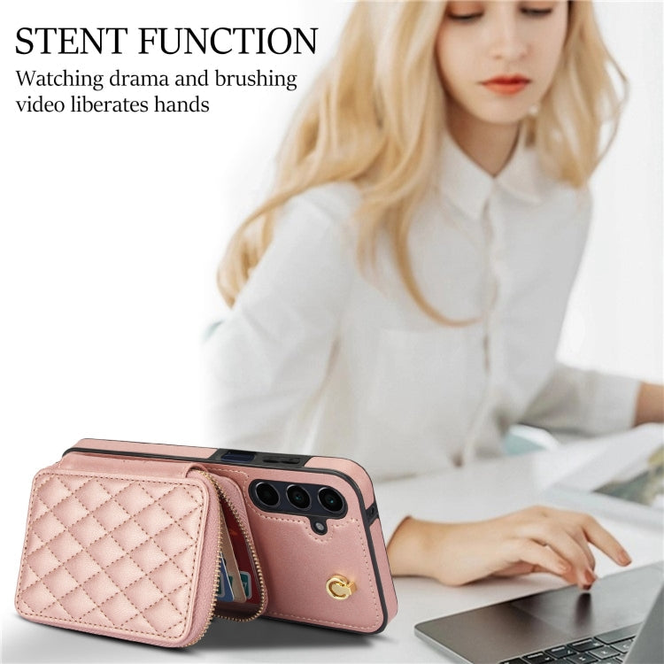 For Samsung Galaxy A15 4G / 5G AwQuer Crossbody Zipper Wallet Rhombic Leather Back Phone Case(Rose Gold)
