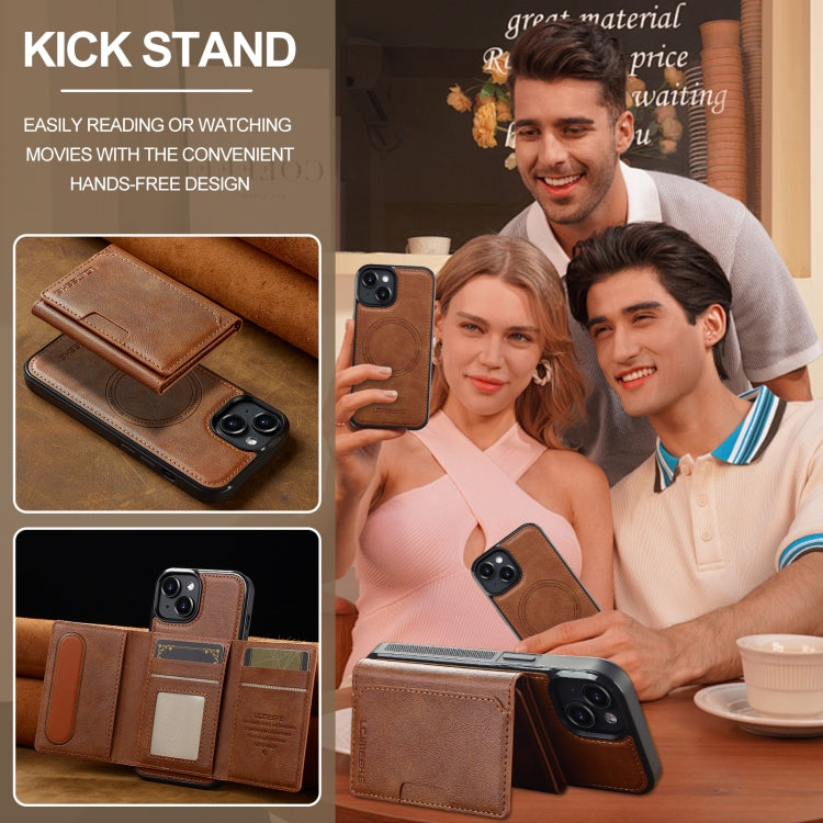 For iPhone 15 Plus / 14 Plus LC.IMEEKE L5 Series Detachable RFID Card Bag Magsafe Phone Case(Brown)