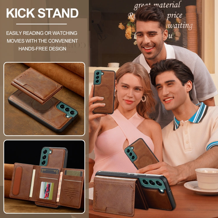 For Samsung Galaxy S21 FE 5G LC.IMEEKE L5 Series Detachable RFID Card Bag Magsafe Phone Case(Brown)