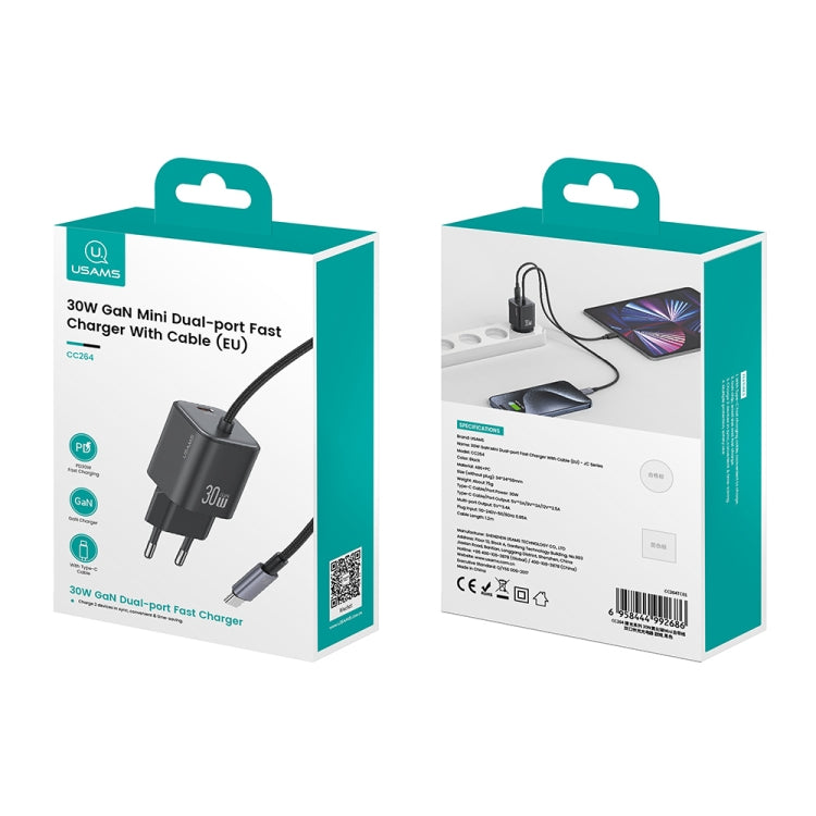USAMS CC264 30W GaN Mini Type-C / USB-C Dual Port Fast Charger with Cable, EU Plug(Black)