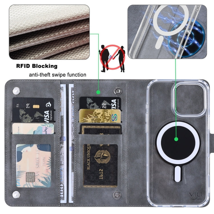 For iPhone 16 Pro Max ViLi GVS-C Series MagSafe Magnetic RFID Leather Flip Phone Case(Grey)