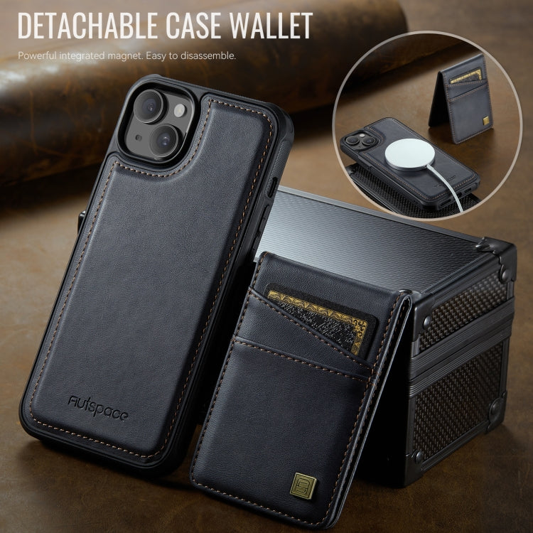 For iPhone 14 Plus AutSpace A12 MagSafe Magnetic RFID Card Bag Phone Case(Black)