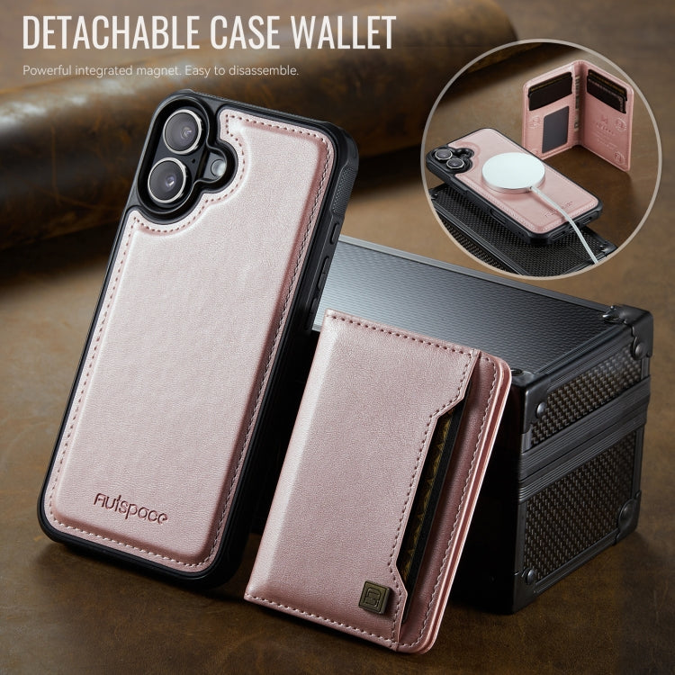 For iPhone 16 Plus AutSpace A13 MagSafe Magnetic RFID Flip Card Bag Phone Case(Rose Gold)