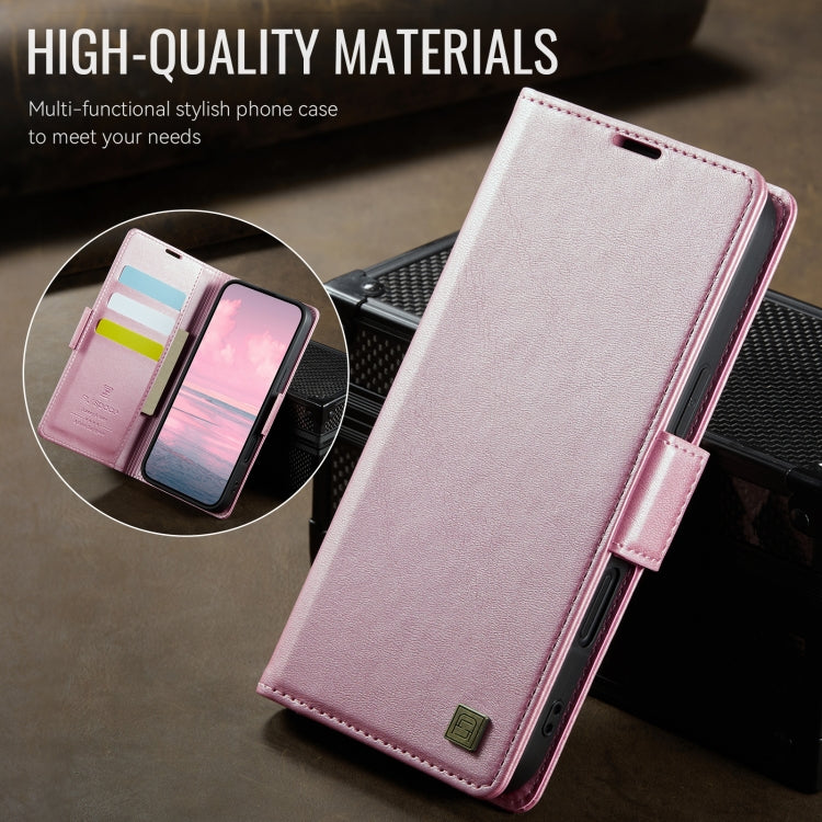 For iPhone 16 Plus AutSpace A11 Side Buckle MagSafe Magnetic RFID Phone Leather Case(Rose Gold)