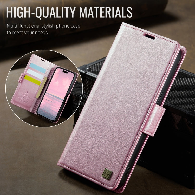 For iPhone 15 Pro Max AutSpace A11 Side Buckle MagSafe Magnetic RFID Phone Leather Case(Rose Gold)