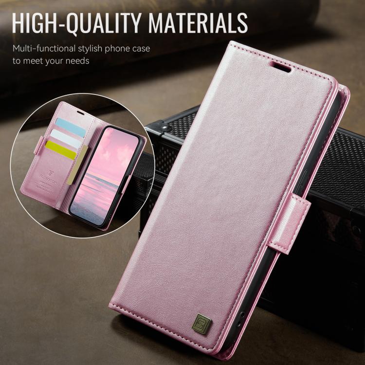 For iPhone 17e / 16e AutSpace A11 Side Buckle MagSafe Magnetic RFID Phone Leather Case(Rose Gold)