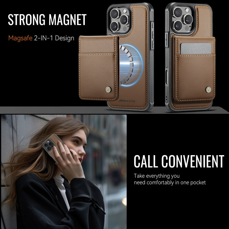 For iPhone 16 Pro Max JEEHOOD J06 British Style RFID MagSafe Card Bag PU Phone Case(Brown)