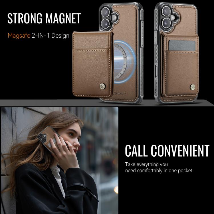 For iPhone 16 JEEHOOD J06 British Style RFID MagSafe Card Bag PU Phone Case(Brown)