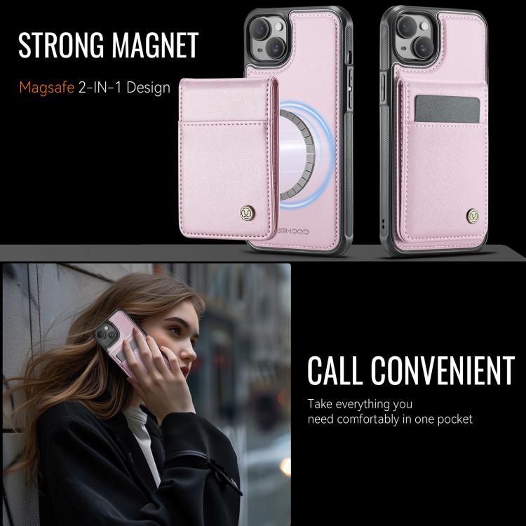 For iPhone 13 JEEHOOD J06 British Style RFID MagSafe Card Bag PU Phone Case(Pink)