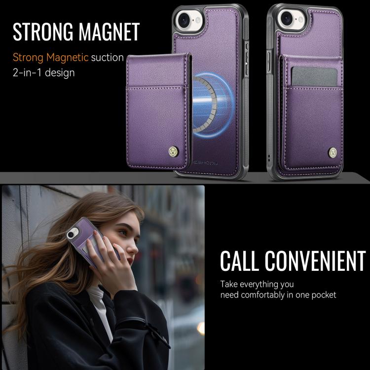 For iPhone 17e / 16e JEEHOOD J06 British Style RFID MagSafe Card Bag PU Phone Case(Purple)