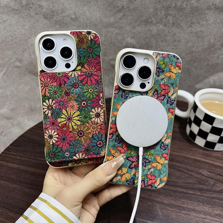 For iPhone 15 Pro Denior D24 Paint MagSafe Card Slot Phone Case(Green Sunflower)