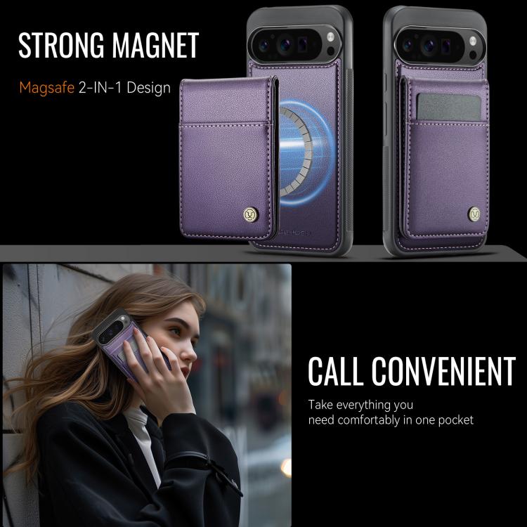 For Google Pixel 9 Pro XL JEEHOOD J06 British Style RFID MagSafe Card Bag PU Phone Case(Purple)