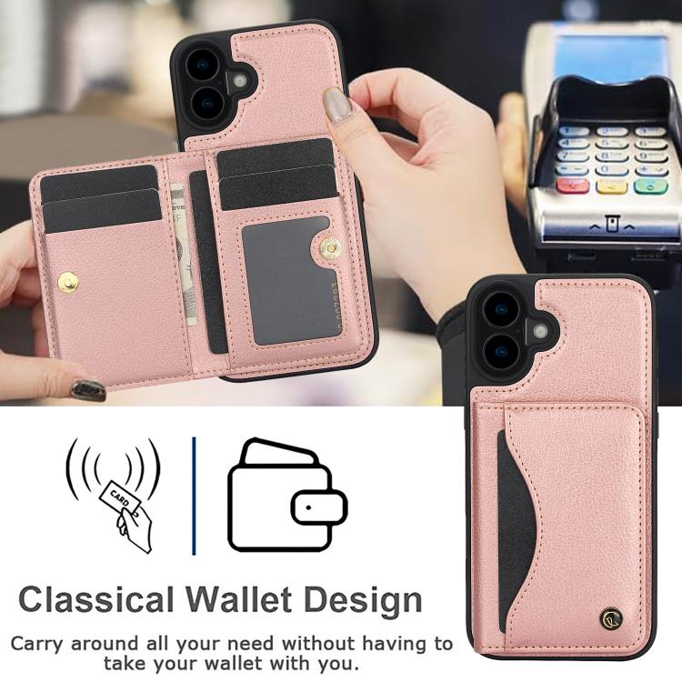 For iPhone 16 AwQuer Horizontal Flip Card Bag Holder Leather Phone Case(Rose Gold)