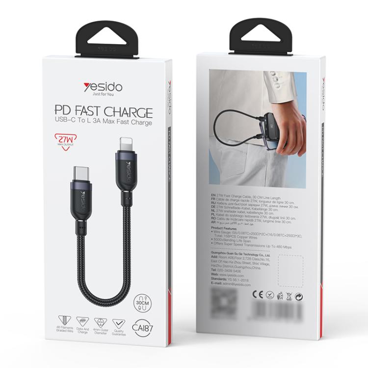 Yesido CA187 27W Type-C to 8 Pin Aluminum Alloy Data Cable, Length: 0.3m(Black)