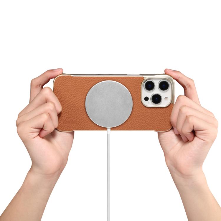 For iPhone 16 Pro Denior A20 Genuine Leather Litchi Texture MagSafe Frameless Phone Case(Brown)
