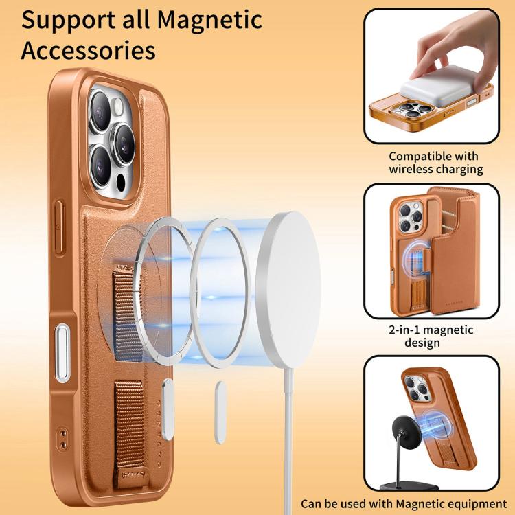 For iPhone 16 Pro Max CaseNeo Finger Grip Strap MagSafe Leather Phone Case(Brown)