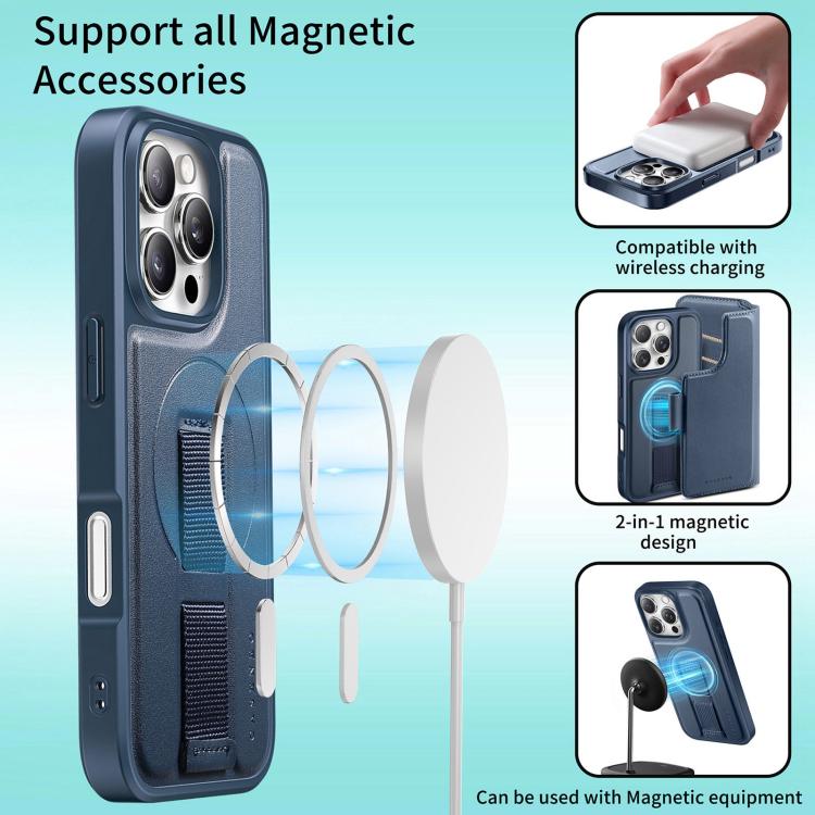 For iPhone 16 Pro Max CaseNeo Finger Grip Strap MagSafe Leather Phone Case(Blue)