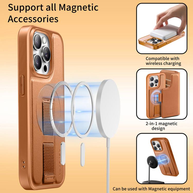 For iPhone 15 Pro CaseNeo Finger Grip Strap MagSafe Leather Phone Case(Brown)