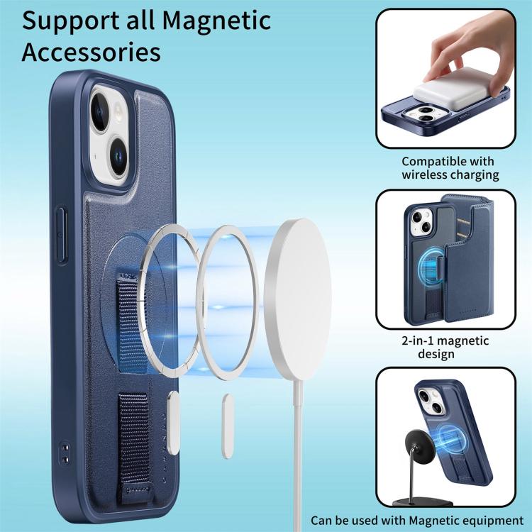 For iPhone 15 Plus / 14 Plus CaseNeo Finger Grip Strap MagSafe Leather Phone Case(Blue)