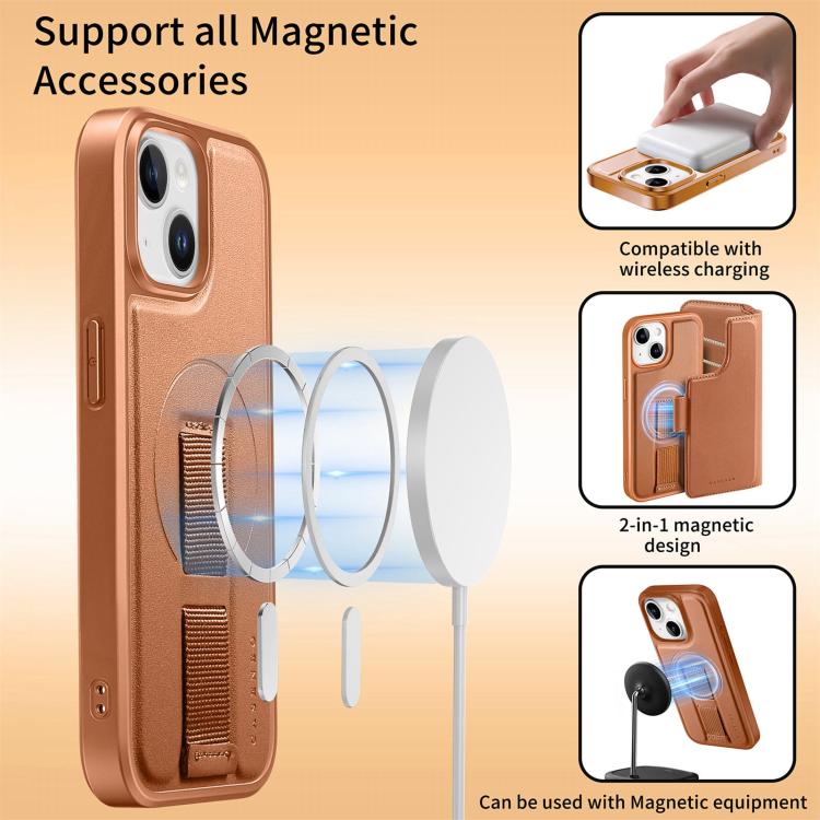 For iPhone 15 CaseNeo Finger Grip Strap MagSafe Leather Phone Case(Brown)