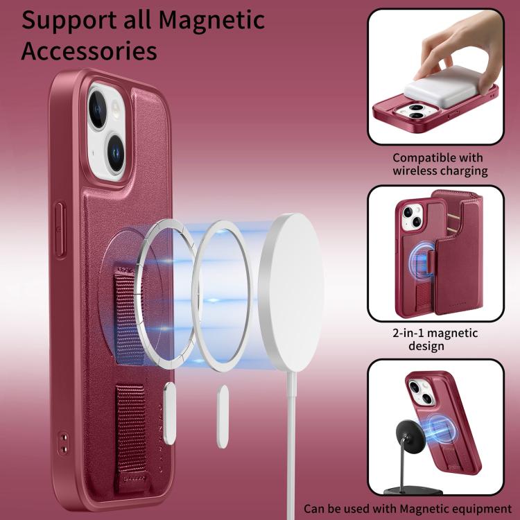 For iPhone 14 / 13 CaseNeo Finger Grip Strap MagSafe Leather Phone Case(Red)