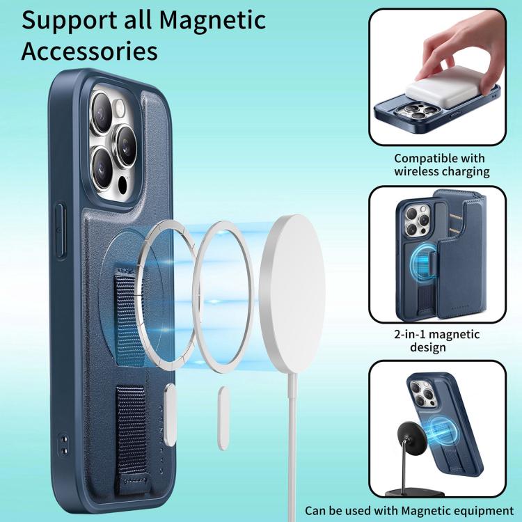 For iPhone 14 Pro CaseNeo Finger Grip Strap MagSafe Leather Phone Case(Blue)