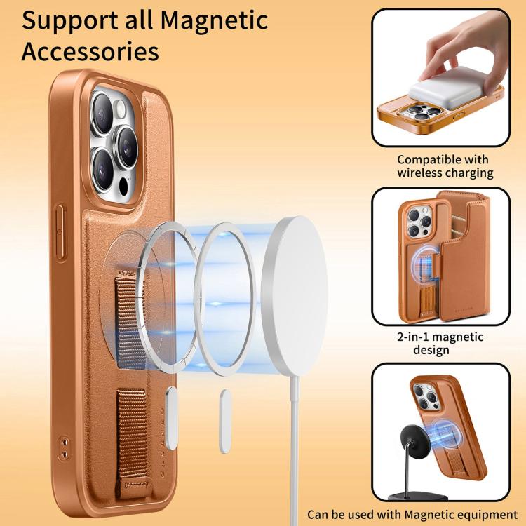 For iPhone 12 Pro Max CaseNeo Finger Grip Strap MagSafe Leather Phone Case(Brown)