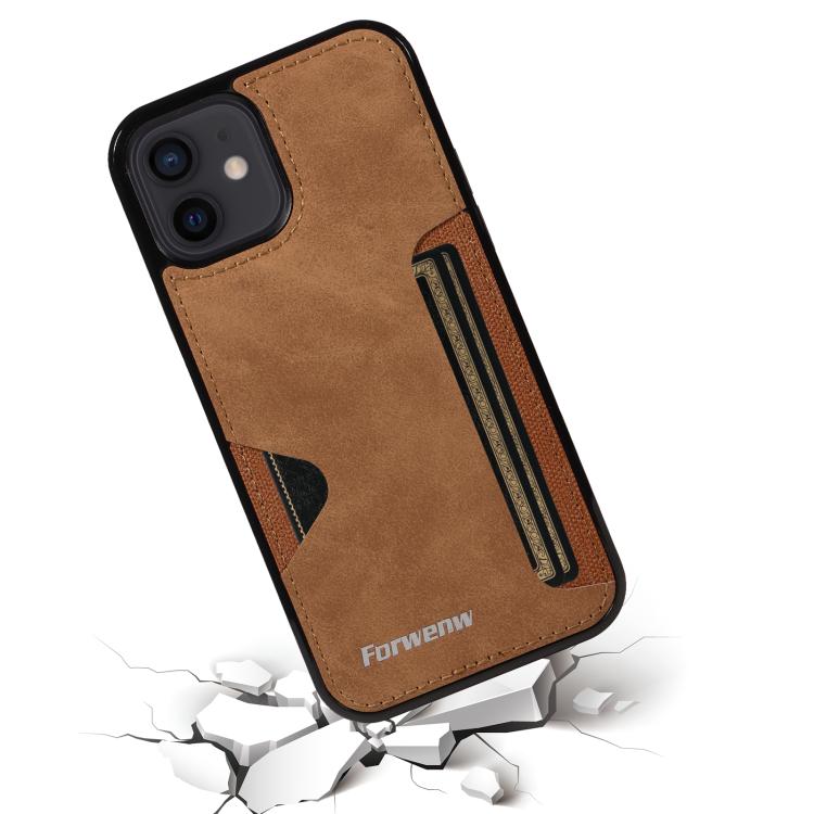 For iPhone 12 Forwenw F5 Series Integrated Card Bag Phone Case(Brown)