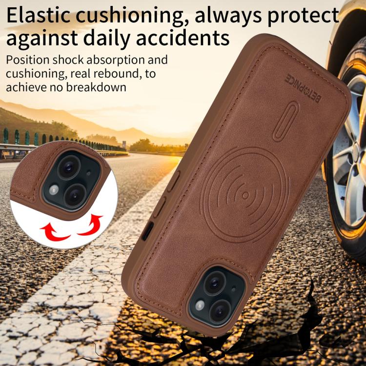 For iPhone 15 BETOPNICE Horizontal Flip Detachable MagSafe Wallet Phone Case(Brown)