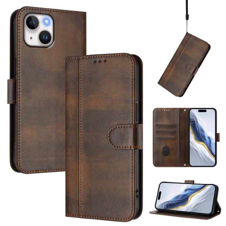 Line Splicing Buckle Retro Leather Phone Case, For iPhone 15, For iPhone 14 Plus, For iPhone 14 / 13