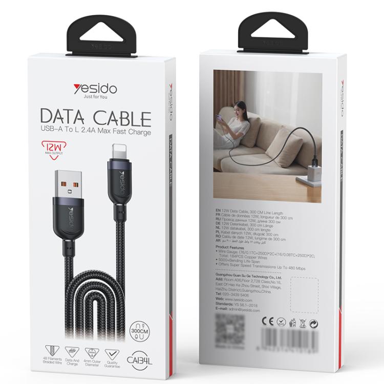 Yesido CA134L 12W 2.4A USB to 8 Pin Charging Data Cable, Length:3m(Black)