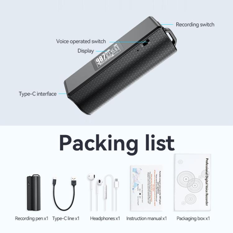 JNN Q70P OLED Display Magnetic Noise Reduction Voice Recording Pen Support APP Control, Memory:32GB(Black)