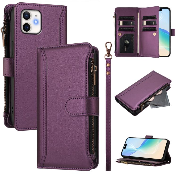 Magnetic Closure 9 Card Slots Zipper Leather Case with Hand Strap, For iPhone 13 mini, For iPhone 12 / 12 Pro, For iPhone 12 Pro Max, For iPhone 12 mini
