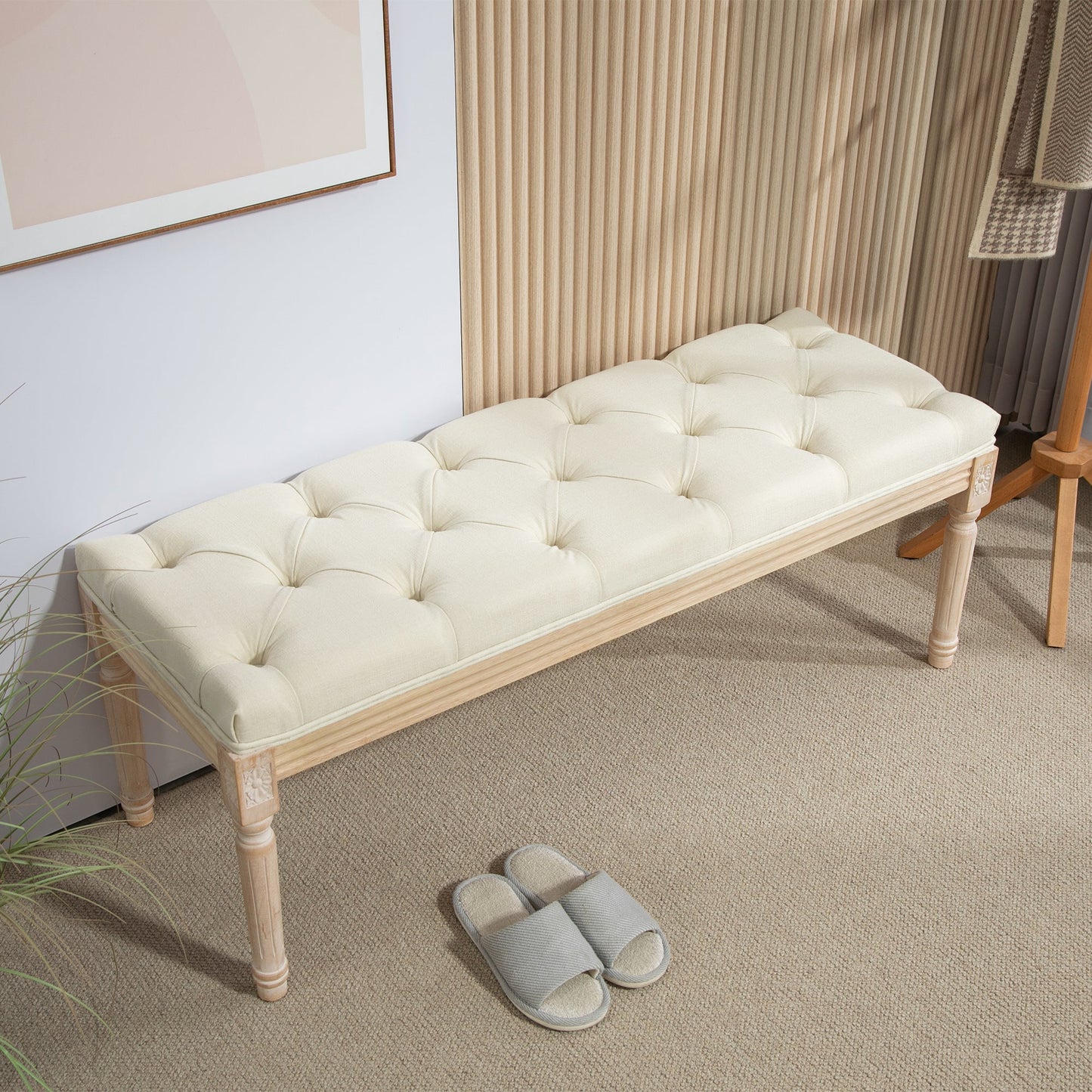 HOMCOM End of Bed Bench Upholstered Foot Stool Linen-Touch Ottoman Cream