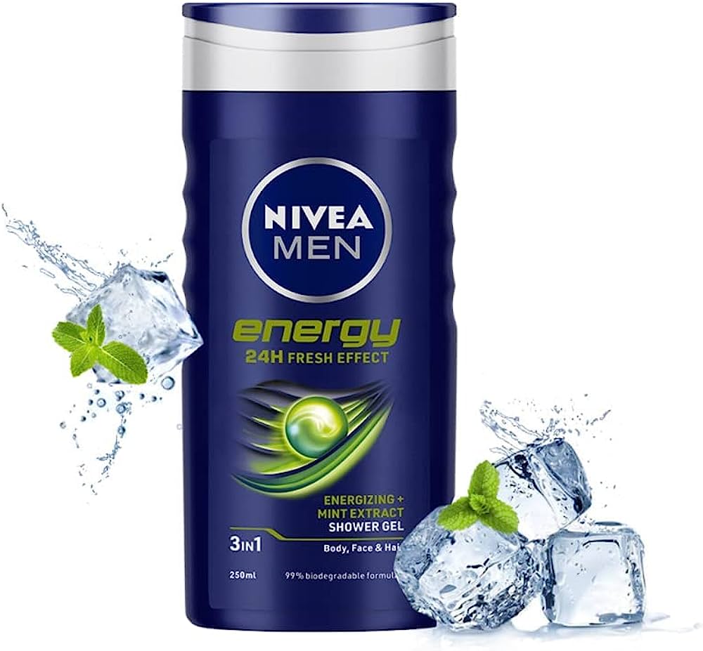 Nivea Men Energy Shower Gel 3 in 1 Body, Face & Hair - Invigorating Cleanse & Revitalisation for Men - 250 ml / 8.45 oz