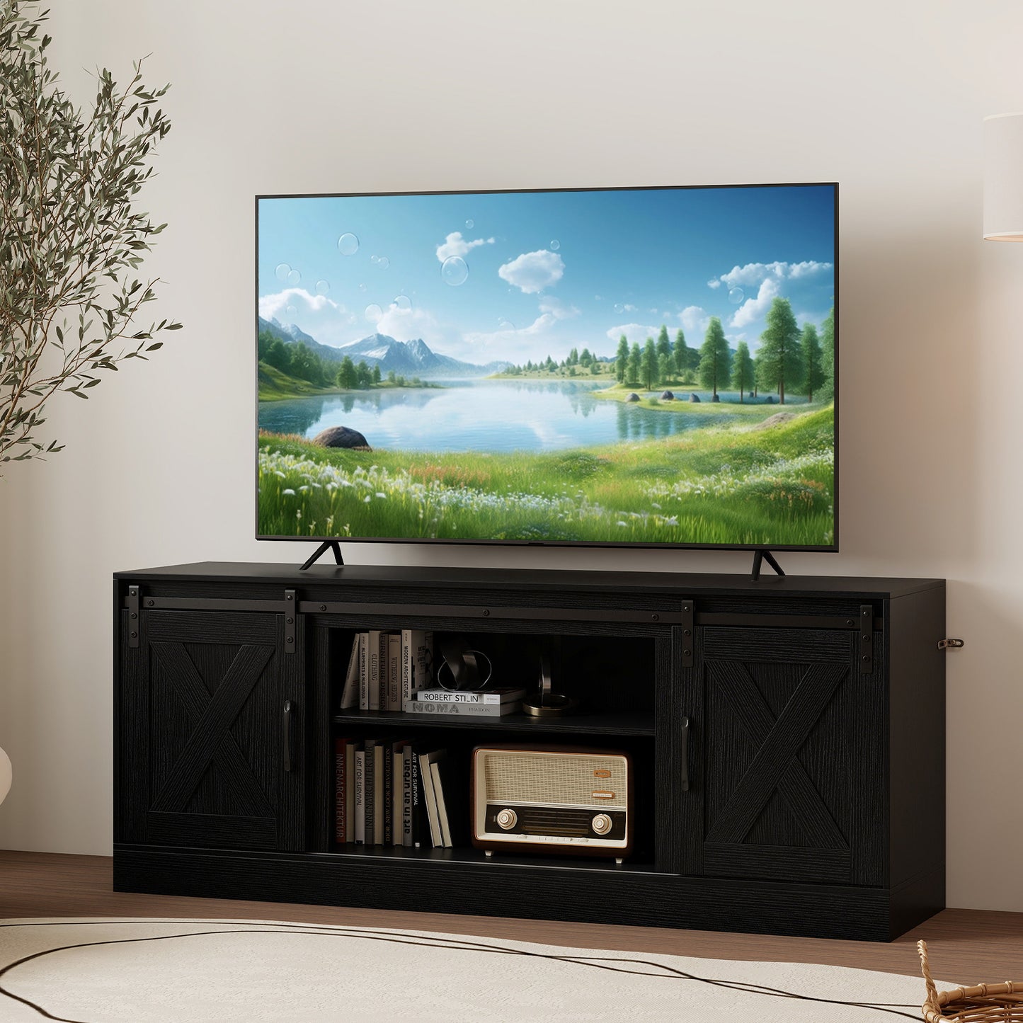 Entertainment Center with Sliding Barn Doors and Adjustable Shelves-Rustic Brown