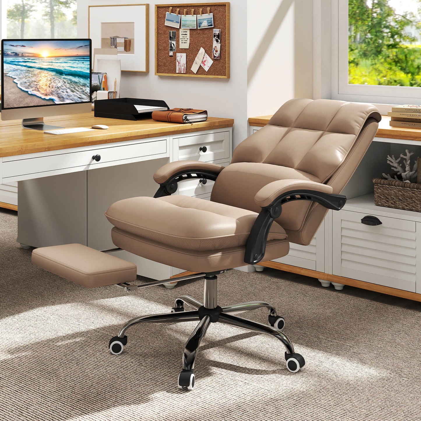 Ergonomic Office Chair PU Leather Adjustable Swivel with Reclining Backrest-White
