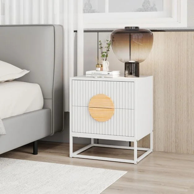 Fluted Nightstand Modern Mid Century Side Table Set of 2-White