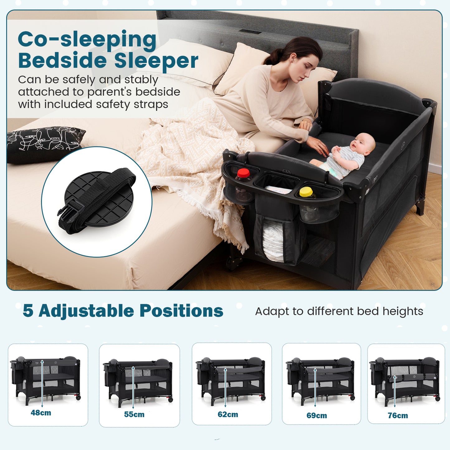 Foldable Pack and Play with 5 Adjustable Heights and Changing Table-Grey