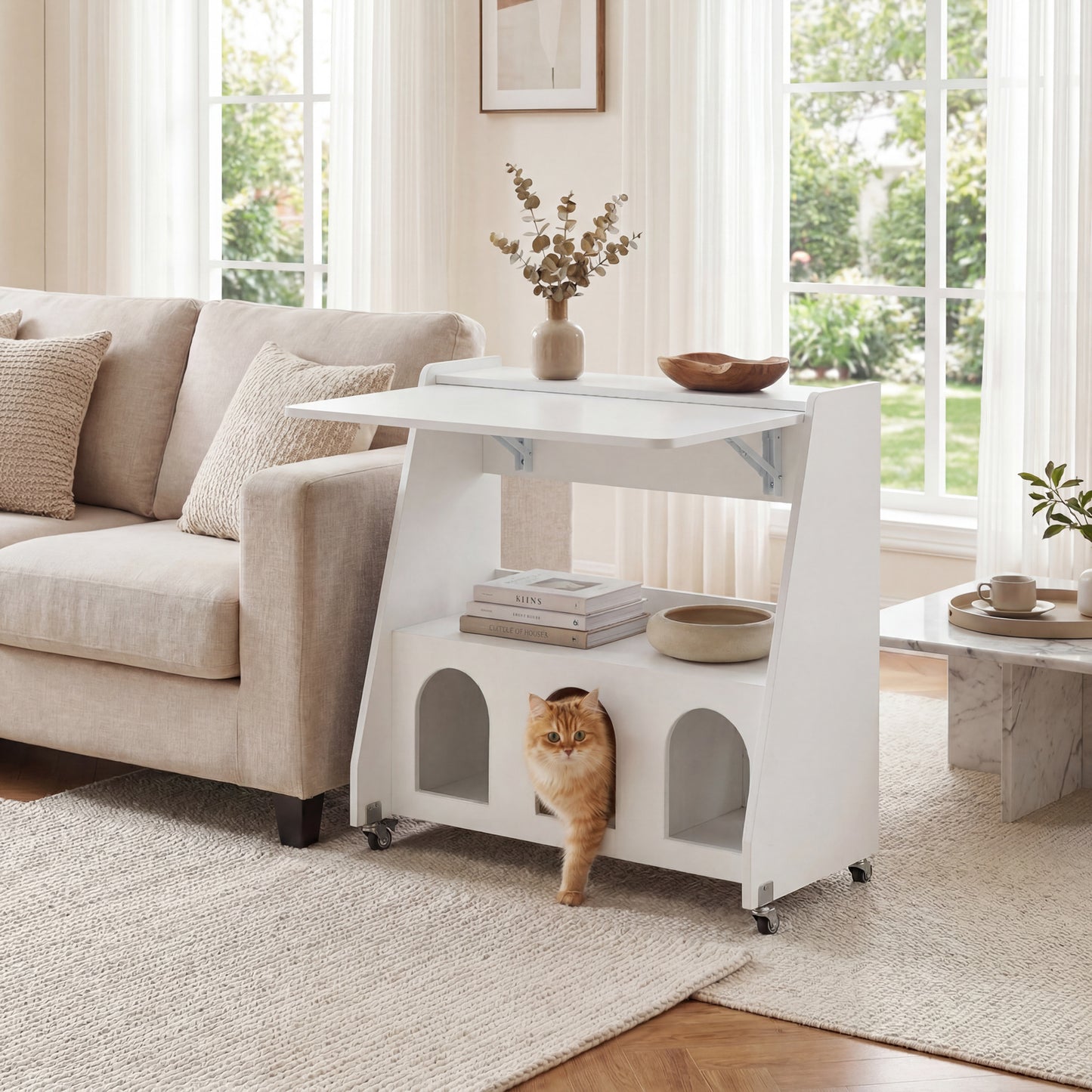 Folding Desk on Wheels with Storage Shelves and Compartments for Small Spaces-Rustic Brown