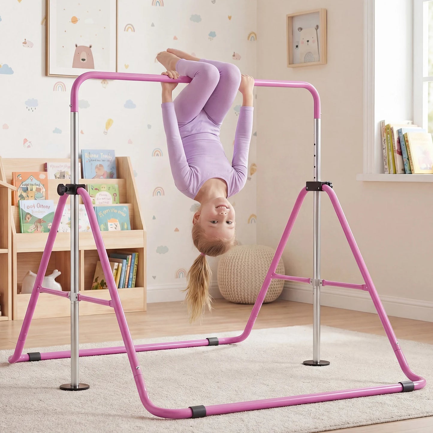 Folding Gymnastics Bar for Kids Height Adjustable Horizontal Kip Training Bar-Blue