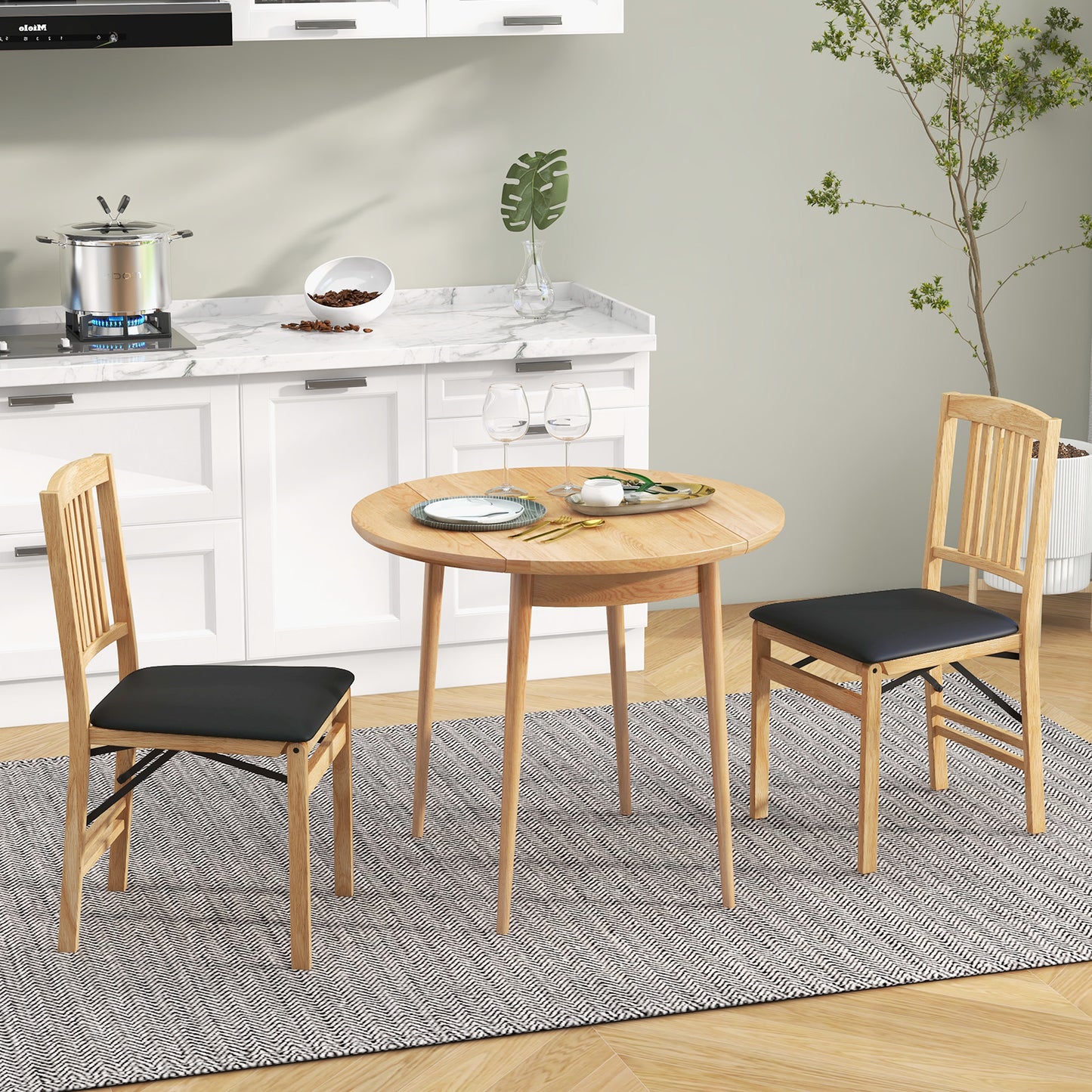 Folding Dining Chairs Set of 2 Upholstered Kitchen Chairs with Padded Seat-Beige