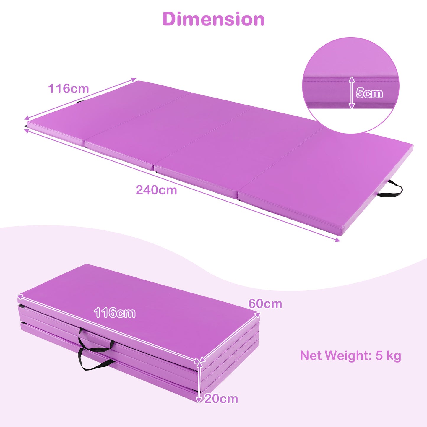 240 x 116 x 5 cm Folding Soft Floor Mat with Carry Handles and Hook & Loop Fasteners-Pink & Purple