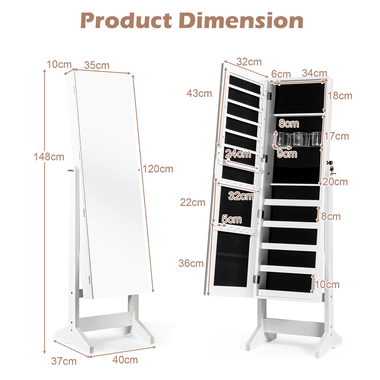 Free Standing Jewelry Cabinet with Full-Length Mirror-White