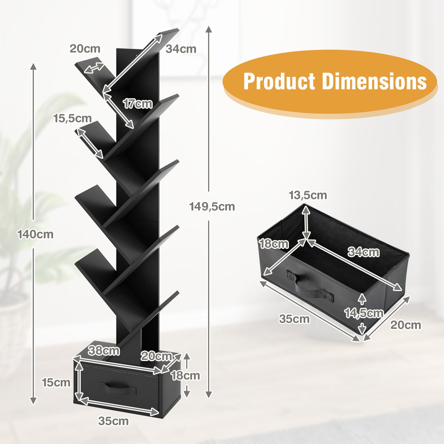10-Tier Freestanding Tree Bookshelf with Drawer-Rustic Brown