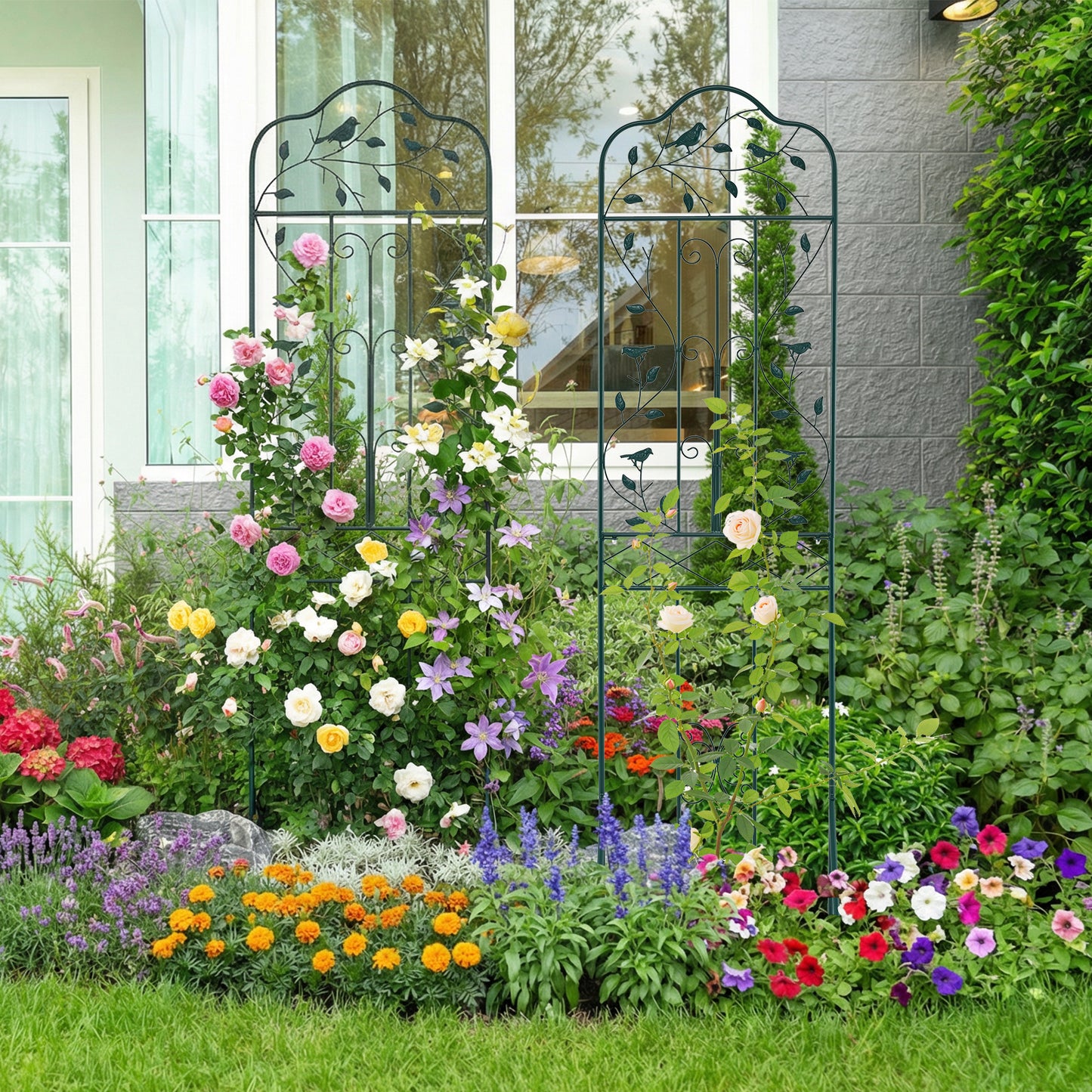 Garden Trellis with Foldable Shelf and Anti-Tipping Device-Black-2 Pack