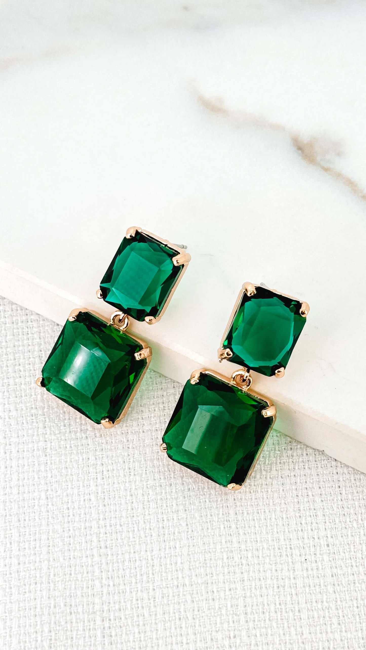 Gold and Green Faceted Glass Drop Earrings | Elegant Statement Jewellery