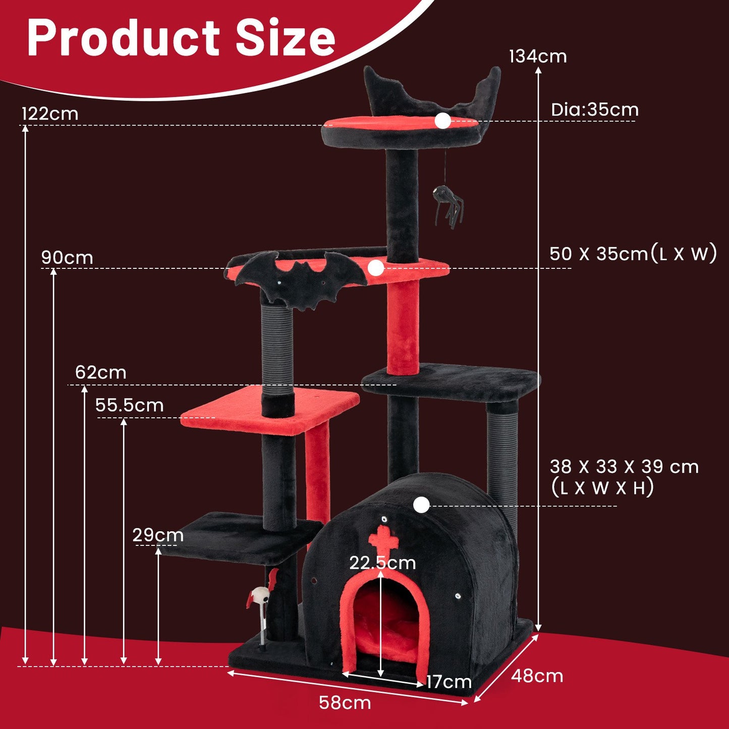 Gothic Cat Tree 134cm Tall Cat Tower with Cat Bed for Indoor Kitten and Adult Cat-Black