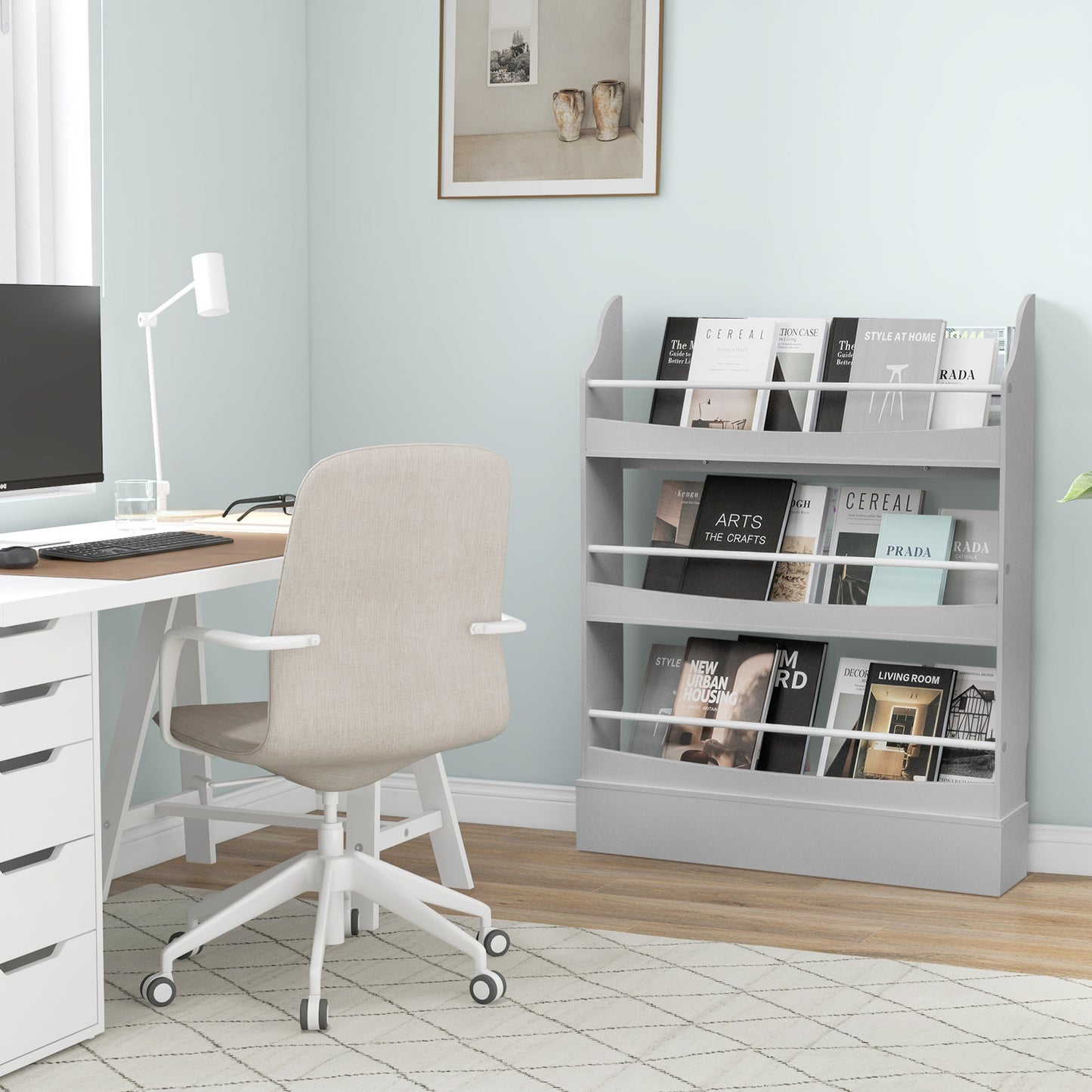3-Tier Standing Bookshelf with 2 Anti-Tipping Kits and Guardrails-White